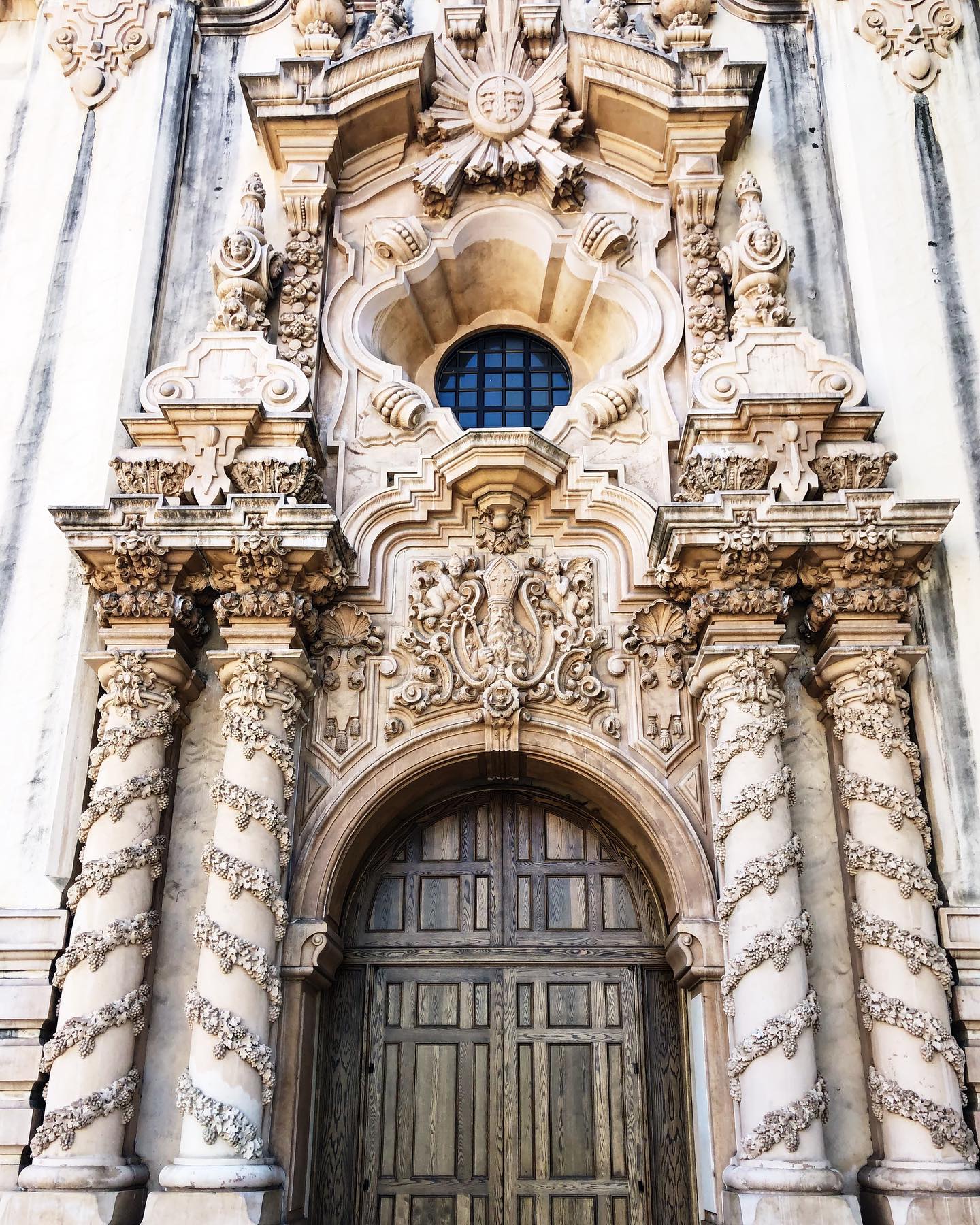 Balboa Park loggia Churrigueresque facade arch detail