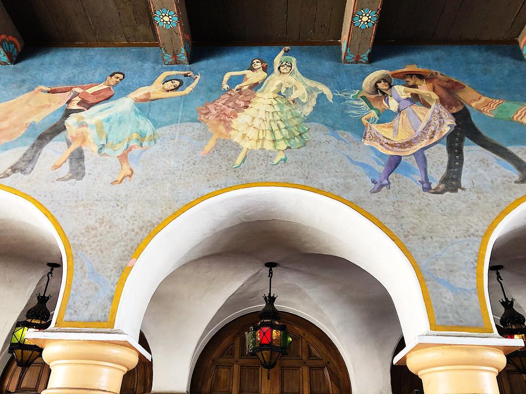 Flamenco dancer fresco above arched loggia, Balboa Park